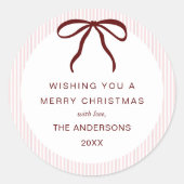 Classic Pink Stripes Red Bow Merry Christmas Runder Aufkleber (Vorderseite)