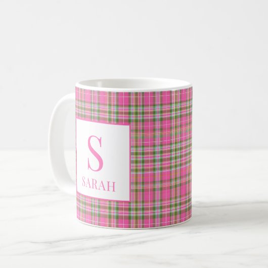 Classic Pink Tartan Plaid Monogram Name Kaffeetasse (Vorderseite Links)