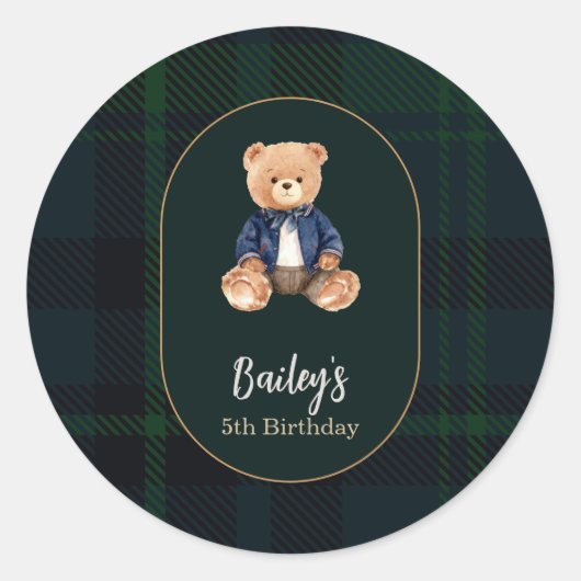 Classic Plaid Little Bear Birthday Runder Aufkleber (Vorderseite)