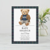 Classic Plaid Teddy Bear Baby Shower Einladung (Stehend Vorderseite)