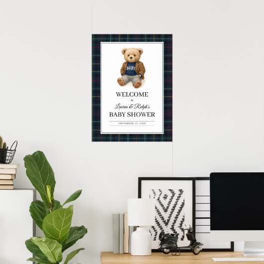 Classic Plaid Teddy Bear Baby Shower Poster (Heimbüro)