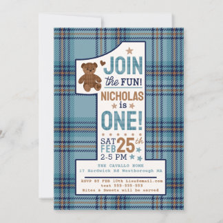 Classic Plaid Teddy Bear First Birthday Custom Einladung
