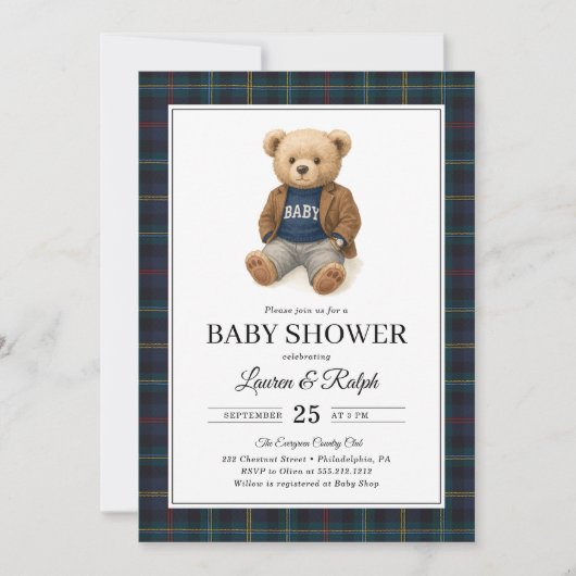 Classic Plaid Teddy Bear Lauren Baby Shower Einladung (Vorderseite)