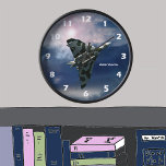 Classic plane, Avro Vulcan delta wing, your name Uhr<br><div class="desc">This clock,  with white numbers,  features a photo of the Avro Vulcan Delta Wing Strategic Bomber flying against a dramatically lit sky,  with the bomb bay open.  You can personalize it with your own choice of words or name.</div>