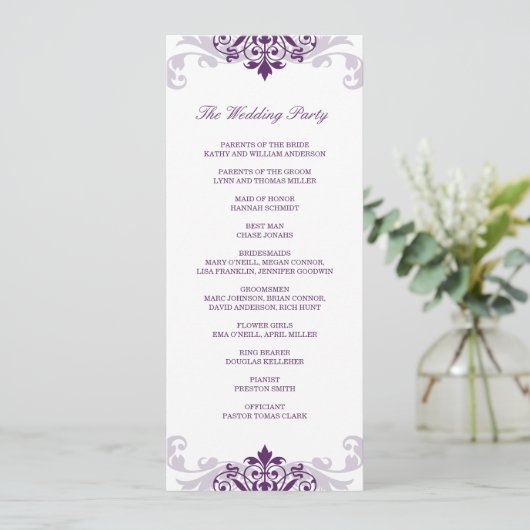 Classic Plum Lila Elegantes Ironwork Hochzeit Programm (Stehend Vorderseite)