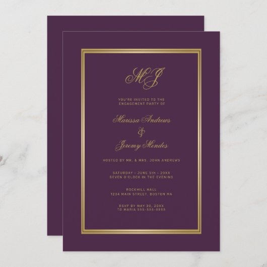 Classic Plum Lila Gold Monogram Engagement Party Einladung (Vorne/Hinten)