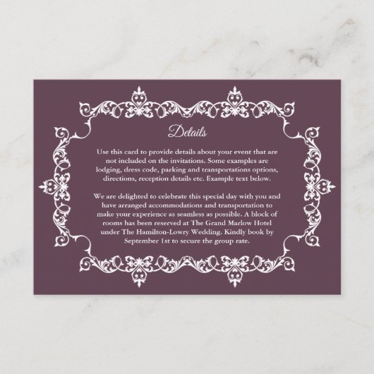 Classic Plum Purple Ornately Framed Wedding Begleitkarte (Vorderseite)