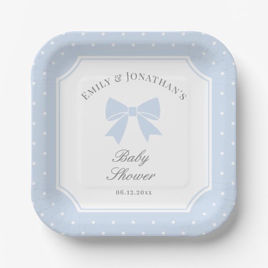 Classic Polka Dots Dusty Blue Bow Boy Baby Dusche Pappteller (Vorderseite)
