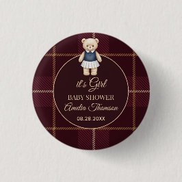Classic Polo Teddy Bear Preppy Plaid Baby Shower  Button