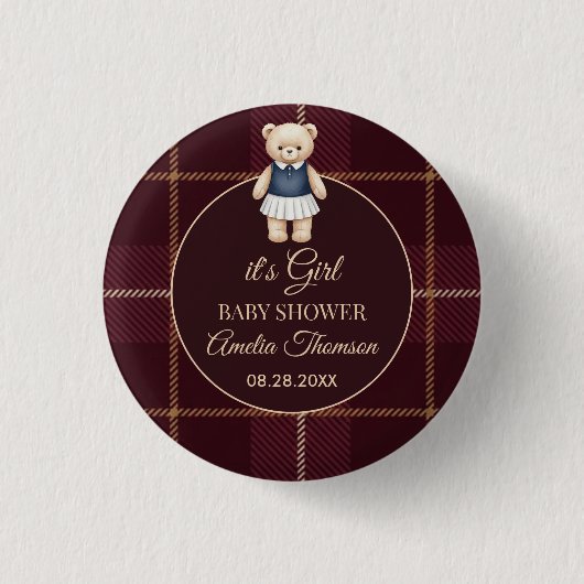 Classic Polo Teddy Bear Preppy Plaid Baby Shower  Button (Vorderseite)