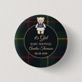 Classic Polo Teddy Bear Preppy Plaid Baby Shower  Button