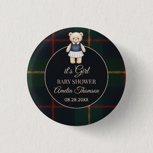 Classic Polo Teddy Bear Preppy Plaid Baby Shower  Button (Vorderseite)