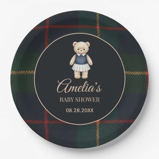 Classic Polo Teddy Bear Preppy Plaid Baby Shower  Pappteller (Vorderseite)