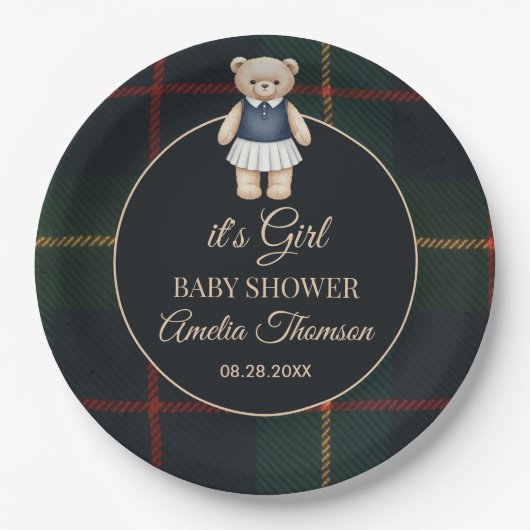 Classic Polo Teddy Bear Preppy Plaid Baby Shower  Pappteller (Vorderseite)