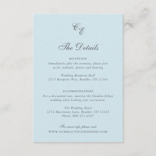 Classic Powder Blue Monogram Elegant Wedding Begleitkarte (Vorderseite)