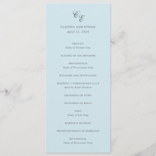 Classic Powder Blue Monogram Elegant Wedding Programm (Vorderseite)