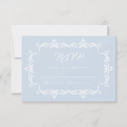 Classic Powder Blue Ornately Framed Wedding RSVP Karte (Vorderseite)