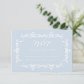 Classic Powder Blue Ornately Framed Wedding RSVP Karte (Stehend Vorderseite)