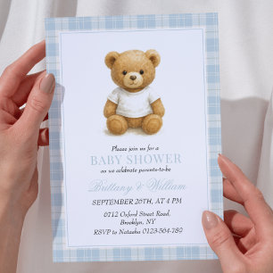 Classic Preppy Bear Blue Kariert Baby Shower Invit Einladung