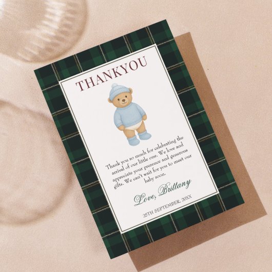 Classic Preppy Bear Designer Plaid Baby Shower Dankeskarte