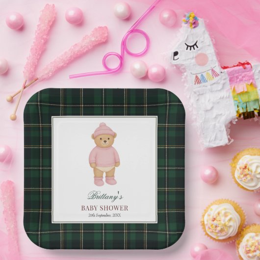 Classic Preppy Bear Designer Plaid Baby Shower Pappteller (Party)