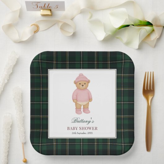 Classic Preppy Bear Designer Plaid Baby Shower Pappteller (Hochzeit)