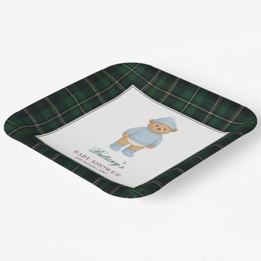Classic Preppy Bear Designer Plaid Baby Shower Pappteller (Gewinkelt)