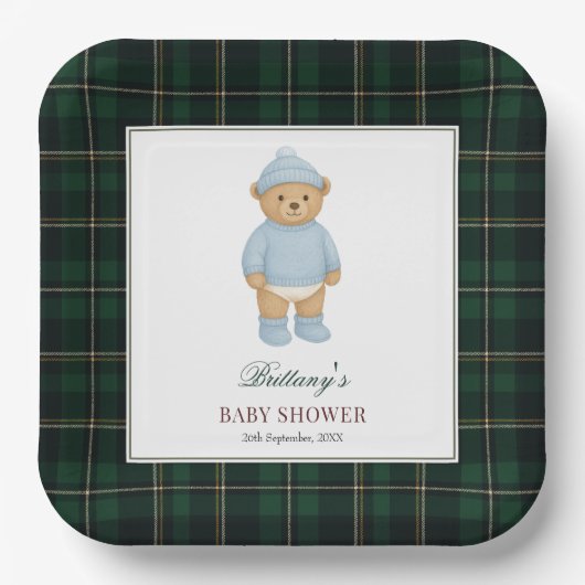 Classic Preppy Bear Designer Plaid Baby Shower Pappteller (Vorderseite)