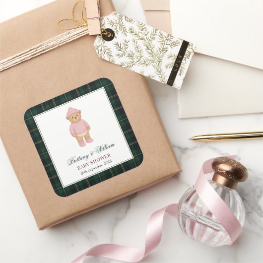 Classic Preppy Bear Pink Baby Shower Quadratischer Aufkleber (Schenken)