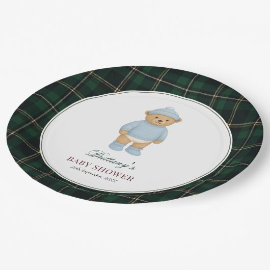Classic Preppy Bear Tartan Baby Shower Pappteller (Schrägansicht)