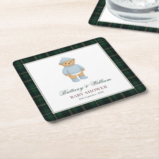 Classic Preppy Bear Tartan Plaid Baby Shower Rechteckiger Pappuntersetzer (angewinkelt)