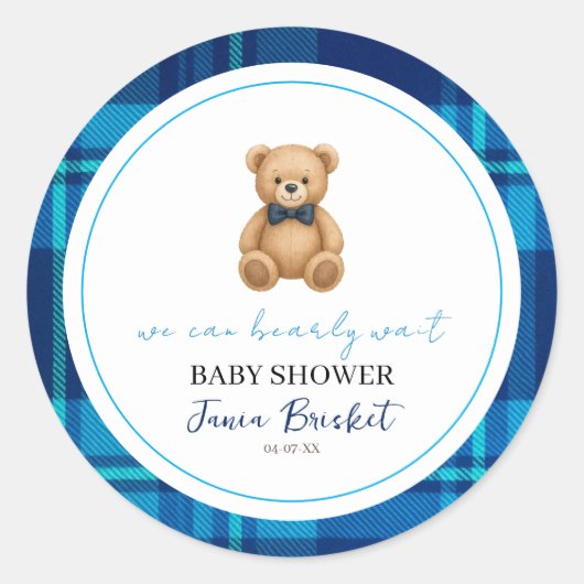 Classic Preppy Blue Kariert Teddy Bear Baby Dusche Runder Aufkleber (Vorderseite)