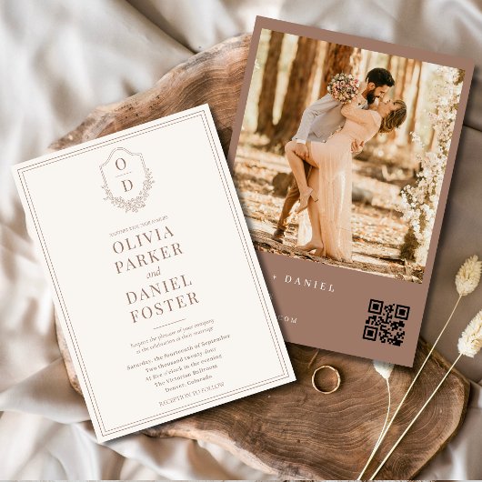 Classic QR Code Wappen Mocha Brown Foto Wedding Einladung
