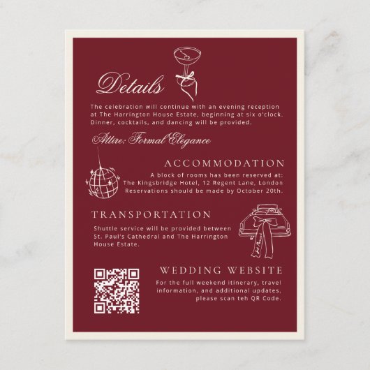 Classic QR Code Wedding Details Deep Red Old Money Begleitkarte (Vorderseite)