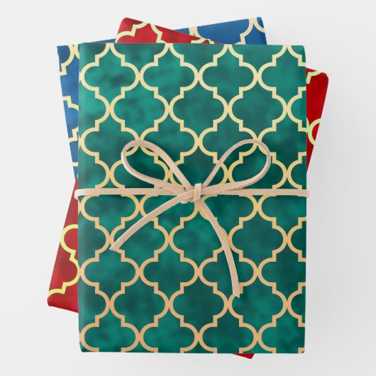 Classic Quatrefolie Red Gold Green Blue Holiday Geschenkpapier Set (Beispiel)