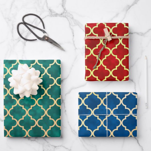 Classic Quatrefolie Red Gold Green Blue Holiday Geschenkpapier Set (Vorderseite)