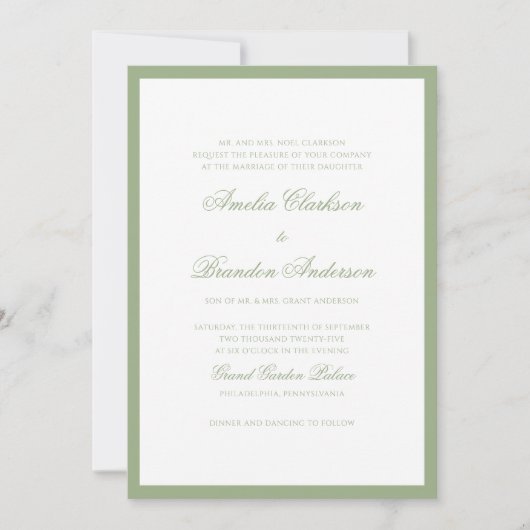 Classic Real Sage Green Border Script Wedding Einladung (Vorderseite)