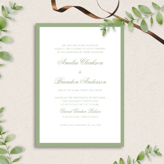 Classic Real Sage Green Border Script Wedding Einladung