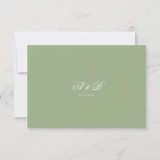 Classic Real Sage Green Monogram Script Wedding RSVP Karte (Rückseite)