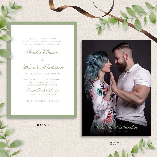 Classic Real Sage Green Script & Photo Wedding Einladung