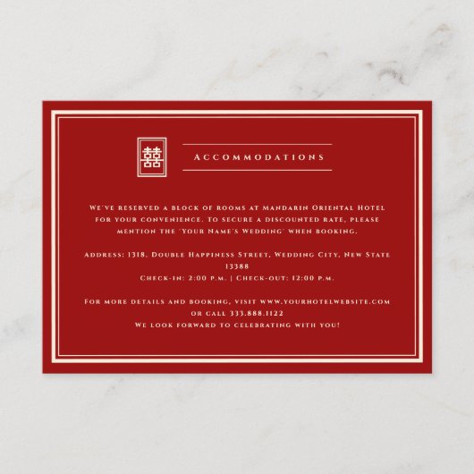 Classic Rectangle Double Happiness Chinese Wedding Begleitkarte (Vorderseite)