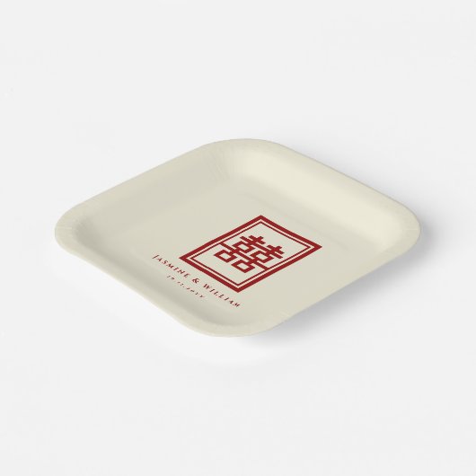 Classic Rectangle Double Happiness Chinese Wedding Pappteller (Gewinkelt)