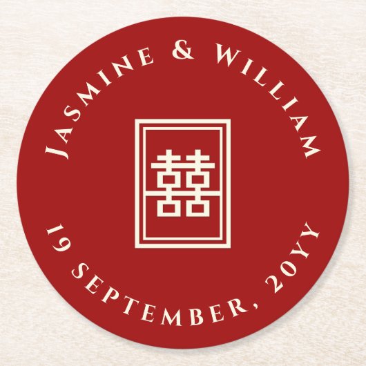 Classic Rectangle Double Happiness Chinese Wedding Runder Pappuntersetzer (Vorderseite)