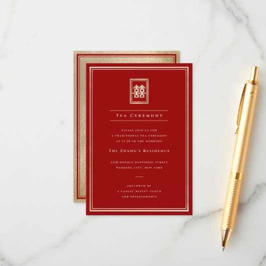 Classic Rectangle Double Happiness Teezeremonie Begleitkarte (Vorderseite/Rückseite Beispiel)