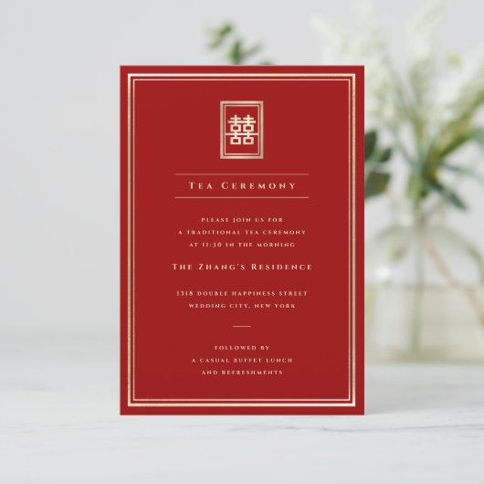 Classic Rectangle Double Happiness Teezeremonie Begleitkarte (Stehend Vorderseite)