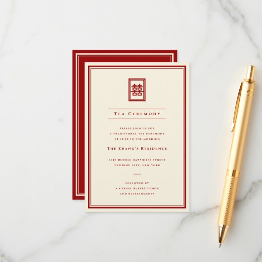 Classic Rectangle Double Happiness Teezeremonie Begleitkarte (Vorderseite/Rückseite Beispiel)