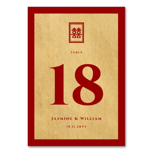 Classic Rectangle Double Xi Golden Chinese Wedding Tischnummer (Vorderseite)