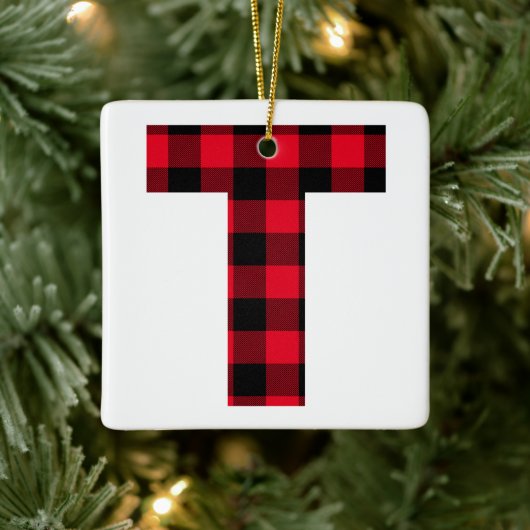 Classic Red and Black Buffalo Karo T Monogram Keramikornament (Baum)