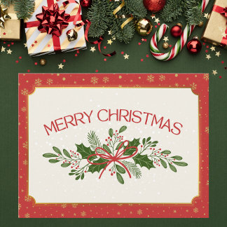 Classic Red and Green Holly Merry Christmas Postkarte