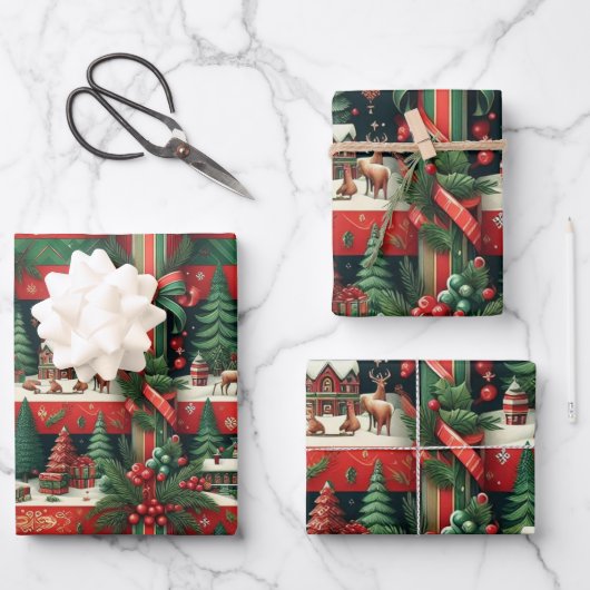 Classic Red and Green Stripes Weihnachten Geschenkpapier Set (Vorderseite)